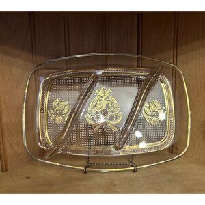 Vintage Georges Briard Sonata Gold Birds Divided Clear Glass Mid Century Tray
